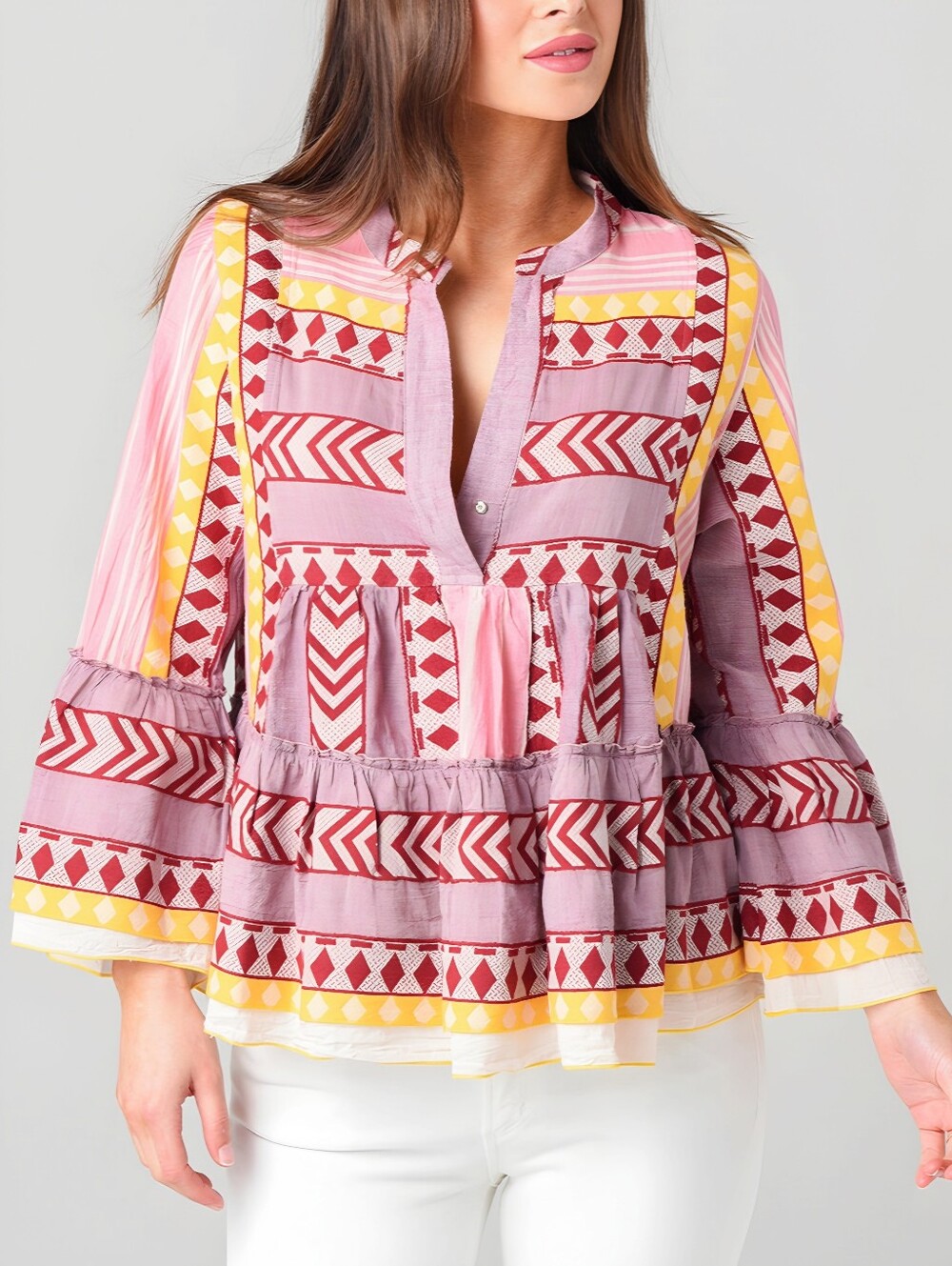 Devotion Twins Tribal Boho Maroon Yellow Electra Top, S
